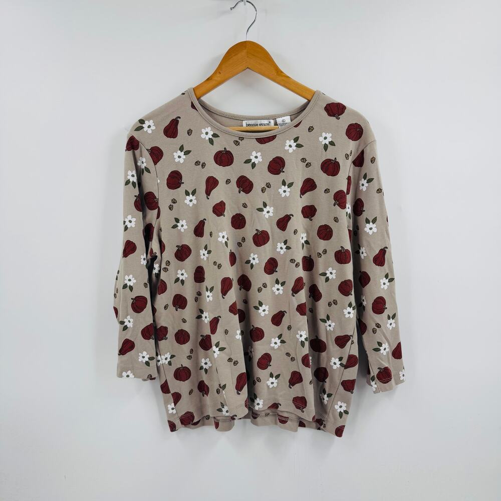 Bonnie Evans Pumpkin Floral‎ Print Top Size XL Fall Thanksgiving Long Sleeve